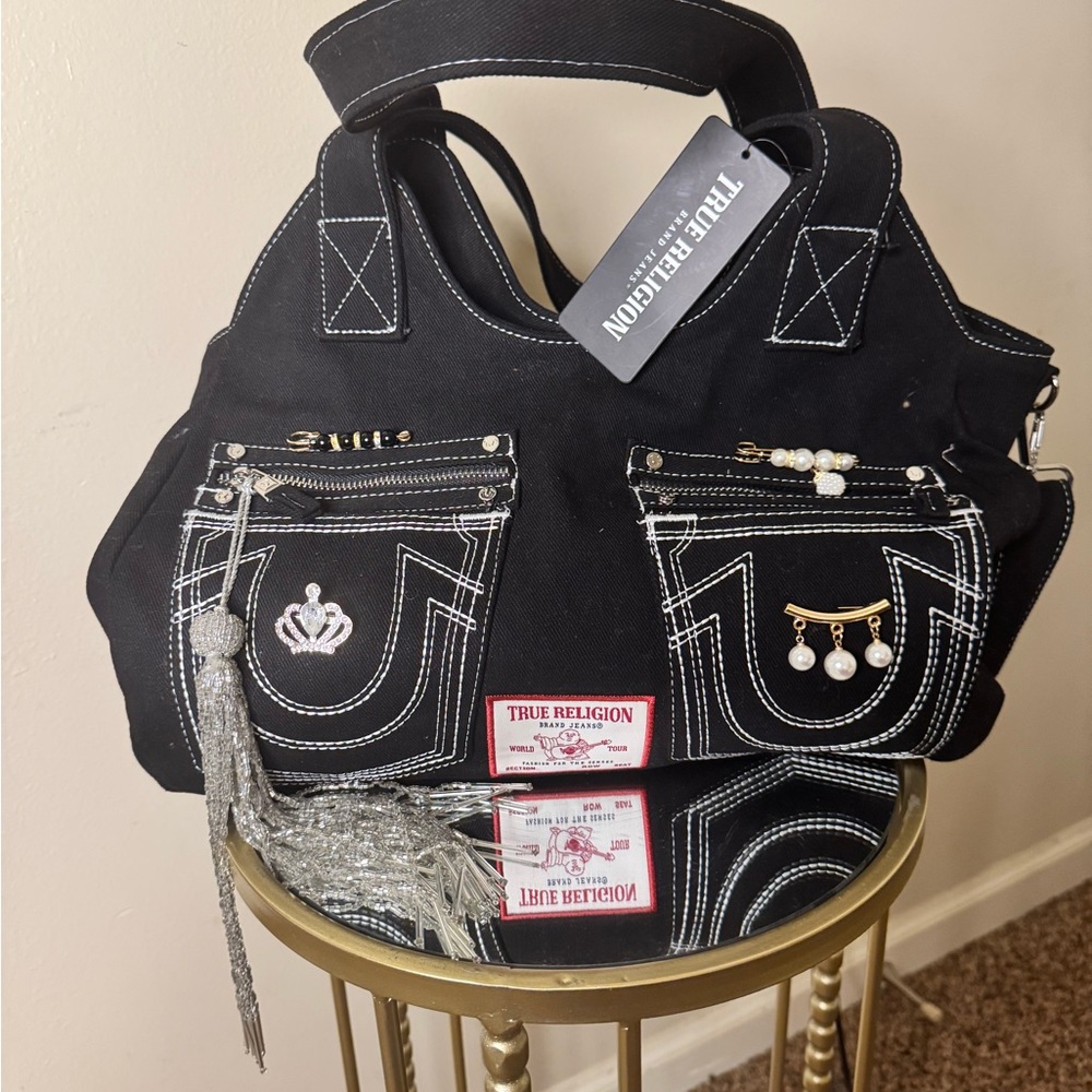 True Religion Black Shoulder Bag with Silver Accents